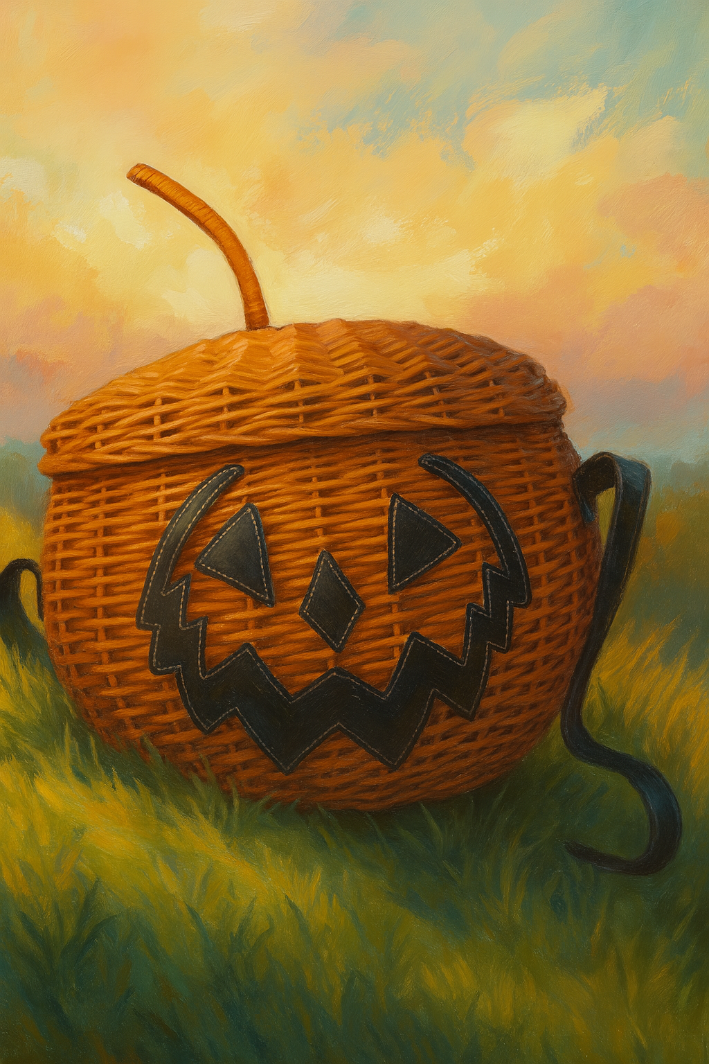 colored pencil sketch of a jack-o-lantern picnic basket