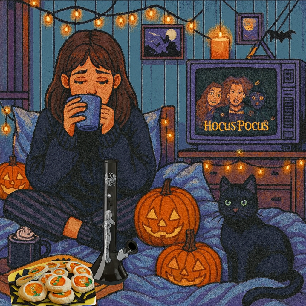 cartoon of a a woman and her cat having a cozy night in during Halloween